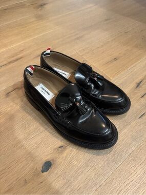 Thom Browne Black Leather Tassel Loafers with metal heel